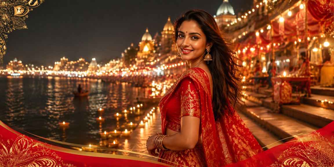 Evening casino lights along Varanasi riverbank with red and gold colors
